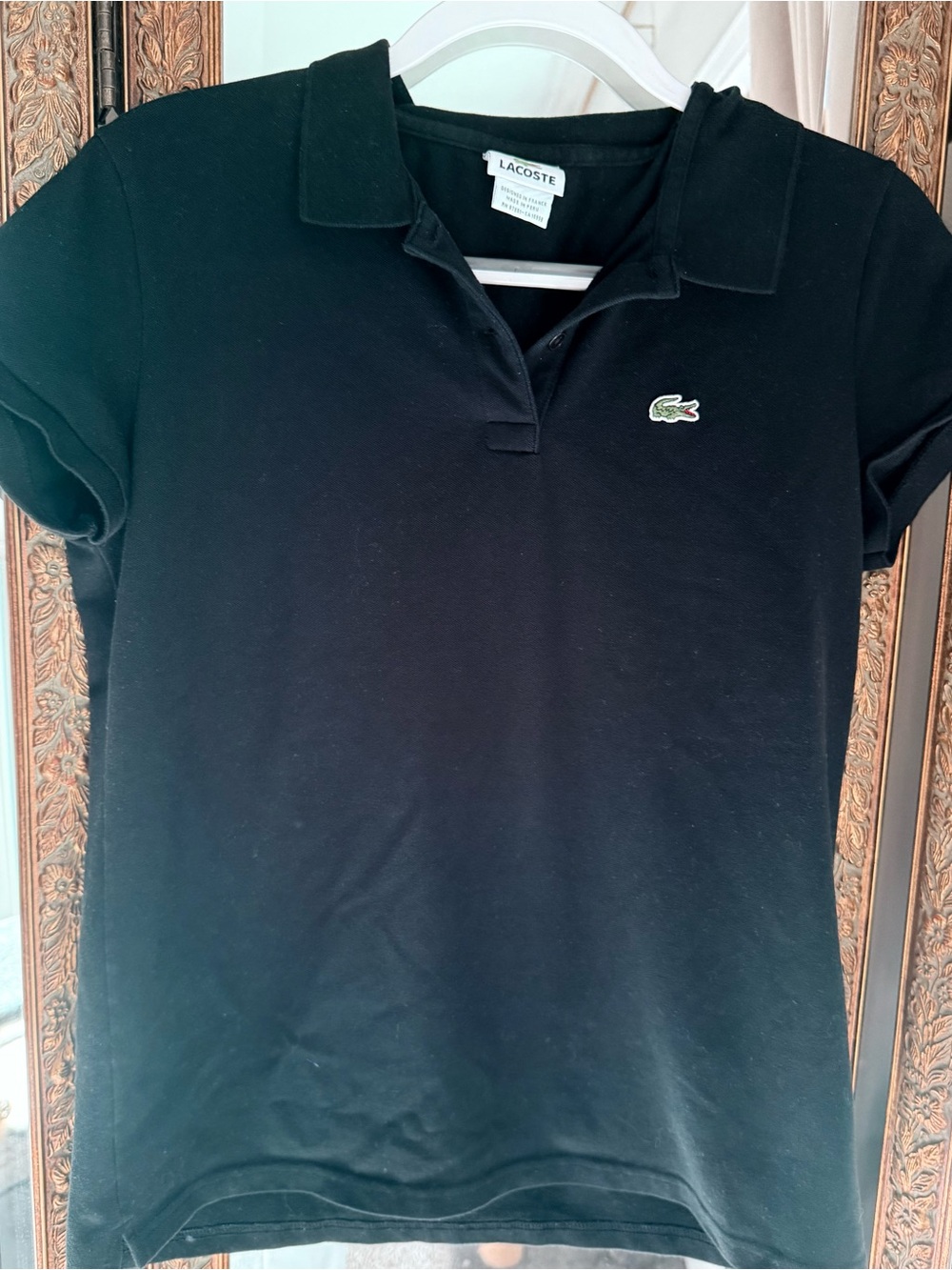 Vintage Y2K Lacoste Women’s Black Stretch Piqué Polo Size 46 Made in Peru